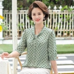 ROYALBELLE 여성 중년 도트 패턴 리본넥 티셔츠 7부 소매 얇은 데일리 티셔츠 F0040923