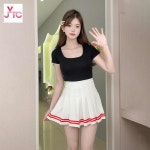 두줄 교복 스커트 룩 테니스 치마 학생 L 허리밴딩 2척-2척1 화이트레드스틱
