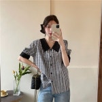 기질 셔츠 여성용 복고풍 반팔 인형 칼라 퍼프 슬리브 격자 무늬 탑 M 사진