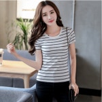 더블제이플러스 여성 반팔 티셔츠 단가라 라운드넥 M J0534