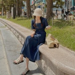 리리앤코 리리앤코 렌티크 데님 벨트 스퀘어넥 퍼프 롱 원피스 여성의류 데이트룩 오피스룩 하객룩 데일리룩 꾸안꾸