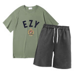 이지스튜디오 EZY크레스트 W 20수 코튼 오버핏 반팔 티셔츠 오버핏 반바지 트레이닝 세트 올리브 티셔츠 다크그레이 바지