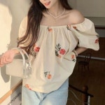 여성 오픈 숄더 소매 꽃무늬 여리 블라우스