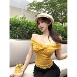 원픽 여성용 롱루즈핏티 오프숄더 레이스 일자 숄더 티셔츠 여름 브이넥 슬림핏 상의 CH2