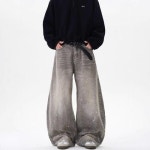 후니오 남자배기바지 빈티지 워싱 구제 발묵 커브 진 하이웨스트 와이드 팬츠 UNO1