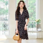 여성용 플라워 원피스 여름 디자인 브이넥 미디스커트 원턱 스트랩 CH2