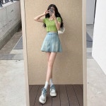 해피유통 여성 하이웨스트 빈티지 플리츠 데님 스커트 lky 라이트블루 M G1014