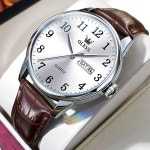 OLEVS 남성용 시계 읽기 쉬운 캐주얼 가죽 데이트 방수 페이스 손목시계 rown-blue face 6898-B