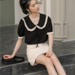 여성 레이스 카라 리본 블라우스 여름 쉬폰 반팔 프릴 포인트