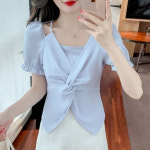해피유통 여성 여름 사각네크라인 퍼프소매 슬림 티셔츠 프렌치 꼬임 디자인 언밸런스 헴 상의bhf