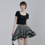 여성 레이스 밑단 허리밴딩 체크 언발 플레어 미니 스커트 DY-WSK-A0076
