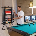 엑스소스 풀 스틱 홀더 - 2-IN-1 큐 탁구 패들 랙 당구 액세서리용 솔리드 파인 우드 월 마운트 맨 케이브 게임룸 2-IN-1 Cherry