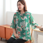 국민할매 by 귀욤할매 엄마옷 쉬폰 프릴 플라워 블라우스 그린 88 PR-350