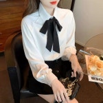 리본타이배색 레트로 블라우스 세련된 디자인 1ea 흰색