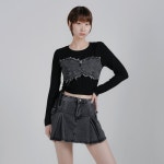 어베닛 여성 힙 Y2K 크롭 슬림핏 찰랑 라운드넥 사이드 셔링 긴팔 티셔츠 GIG-WSH-A0011