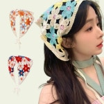 플로르 크로셰 커치프 스카프 뜨개 플라워 봄 반다나 휴양지룩 두건 헤어밴드 코티지코어 삼각