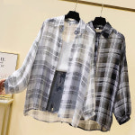 여름 블라우스 체크 줄무늬 셔츠 시스루 통기 얇은 캐주얼 루즈핏 쉬폰 블라우스 여성 남방