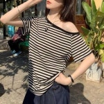 오프숄더 티 줄무늬 티셔츠 여름 스트라이프