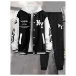 솔리 헉스 남성 운동복 2피스 컬러 블록 레터 그래픽 긴팔 바시티 재킷 바지 세트