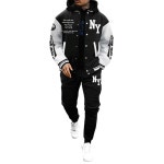 솔리 헉스 남성 운동복 2피스 컬러 블록 레터 그래픽 긴팔 바시티 재킷 바지 세트