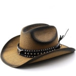 암소 머리 리벳 벨트 여성과 여름 압연 챙 서부 카우보이 밀짚 태양 모자
