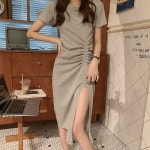 데일리 허리셔링 시크한무드 옆트임 반팔 롱 원피스 등원룩원피스 여성원피스 캐주얼원피스