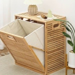 대나무햄퍼 3칸 슬라이딩 분리수거함 바구니 빨래바구니