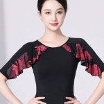 플라워 라틴 댄스복 여성 라인댄스 살사 하이탱레드 메쉬