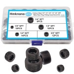 Hmknana 카본 강관 플러그 피팅 구색 키트 - 포트 밀봉을 위한 5가지 크기 1 8 1 4 3 8 1 2 3 4 NPT 남성 내부 육각 나사산 소켓 60PCS H-053