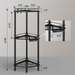 엘리켄 코너 샤워 캐디 스탠드 비누 홀더가 3단 방청 금속 정리함 발 조절 가능한 바닥 선반 수납 욕실용 후크 2개 검은색 3 Tier