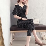 점프슈트 여성복 2023 오프숄더 브이넥 스트라이프 하이웨스트 점프슈트 Whr0103 M