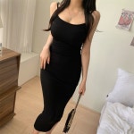 옷자락 여성 슬림핏 H라인 롱 스판 원피스 끈 미시글램룩