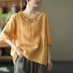 엄마린넨블라우스 할머니 셔츠 여름 루즈핏 5부 반팔 중년여성 리본 주름 레이스