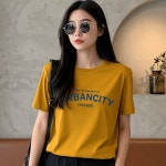 여자 여름 레터링 기본 반팔 라운드 티셔츠 머스타드
