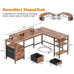 전원 콘센트가 Furologee 66 L자형 책상 파일 서랍이 리버서블 컴퓨터 게이밍 수납 선반이 홈 오피스용 모니터 스탠드 2개 러스틱