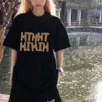 여자 전면 프린팅 오버핏 스타일 라운드 반팔 티셔츠