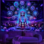 더미저 블랙라이트 세븐 차크라 요가 명상 태피스트리 꽃 갤럭시 스페이스 플래닛 UV 리액티브 로터스 영적 벽걸이 홈 데코 59 1L x 51 2W