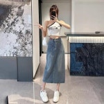 여성 빈티지 별무늬 데님 스커트 하이웨스트 슬림핏 뒤 트임 A라인 데일 A56Z1I
