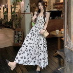 옷자락 여자 바캉스 꽃패턴 스모크 어깨끈 쉬폰 롱 원피스