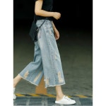 ORZQU 여성 여름 7부 바지 얇은 하이웨스트 와이드 팬츠 캐주얼 찢어진 청바지