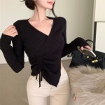 여성 랩스타일 브이넥 니트티셔츠 1P 옆셔링 긴팔티 여성니트티셔츠 여자니트티셔츠