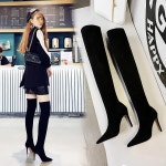 빅트리 런웨이 스트레치 패브릭 삭스 부츠 포인티드 오버니힐 허벅지까지 오는 뾰족코