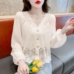 여성 펀칭 브이넥 긴팔 레이스 블라우스 퍼프소매 CIILLNY 살구색 L