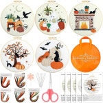 유성 5세트 자수 키트 가을 추수감사절 호박 단풍잎 패턴 DIY 스타터 바늘 포인트 키트 할로윈 공예 애호가용 후프 실 Pumpkin