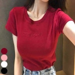 여성 여름 데일리 반팔 슬림핏 자수 티셔츠 4컬러