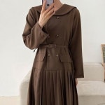 마미스헬퍼 허리벨트 둥근카라 투버튼 플리츠 롱 원피스 CATWDR3829