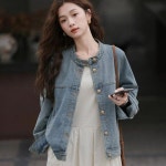 여성 데님 노카라 자켓 여성스런 간절기 청자켓 라운드넥