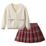크리스탈하우스 봄 가을 간절기 여아 V넥 니트 가디건 스쿨룩 체크 치마 상하복 CE005 150