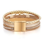 여성용 페시오리 레오파드 팔찌 보호 가죽 랩 다층 진주 크리스탈 팔찌 뱅글 주얼리 15 Double Circle Khaki