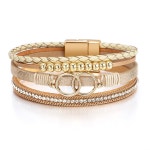 여성용 페시오리 레오파드 팔찌 보호 가죽 랩 다층 진주 크리스탈 팔찌 뱅글 주얼리 15 Double Circle Khaki